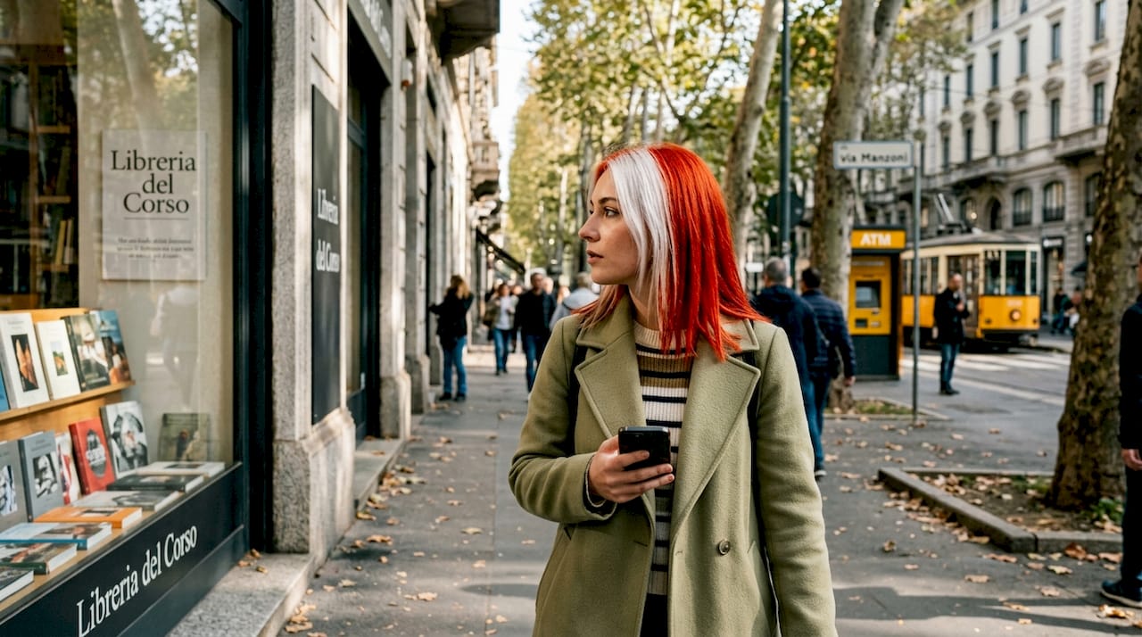 Una donna dai capelli vivacemente colorati cammina per le vie del centro