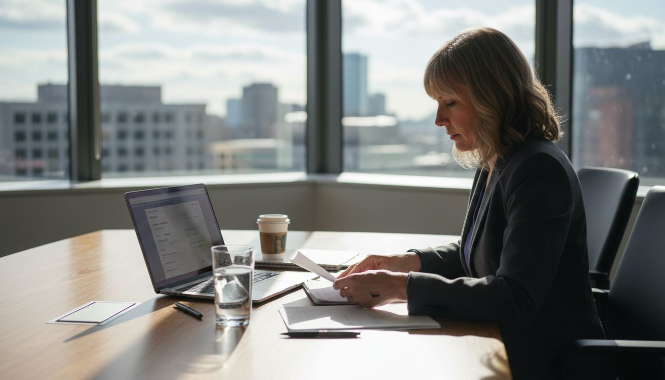 Analyst reviewing invoices and laptop in corner office