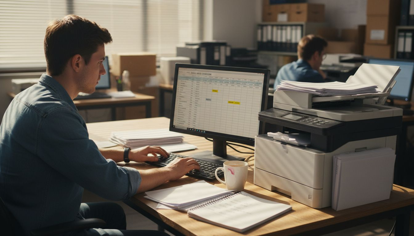 Worker processing invoices with automation software