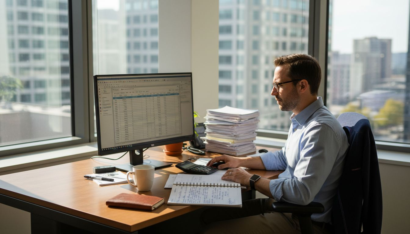 Financial analyst automating bank statements at messy desk