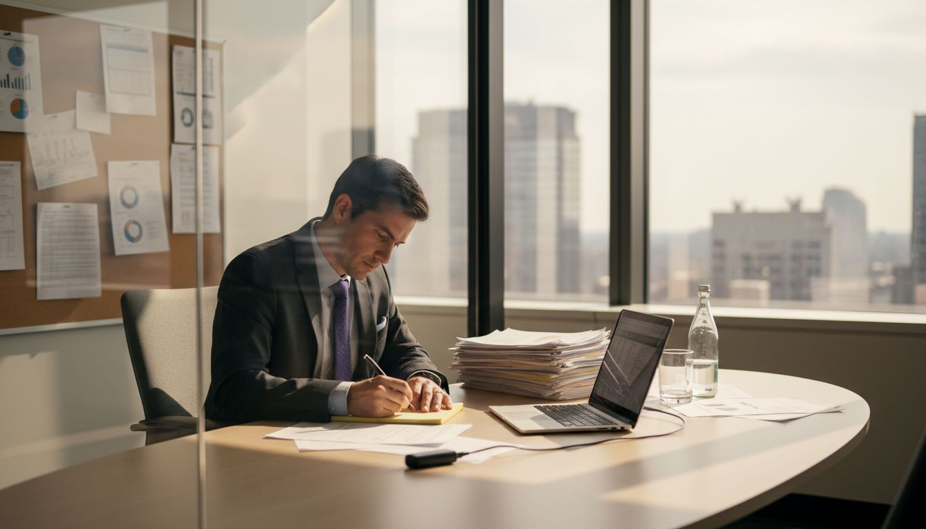 Compliance officer reviewing reports in bright office