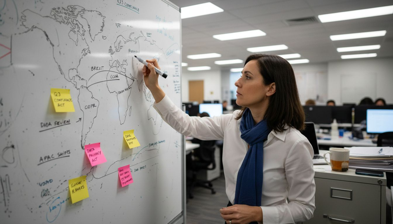 Analyst mapping global regulatory changes on whiteboard