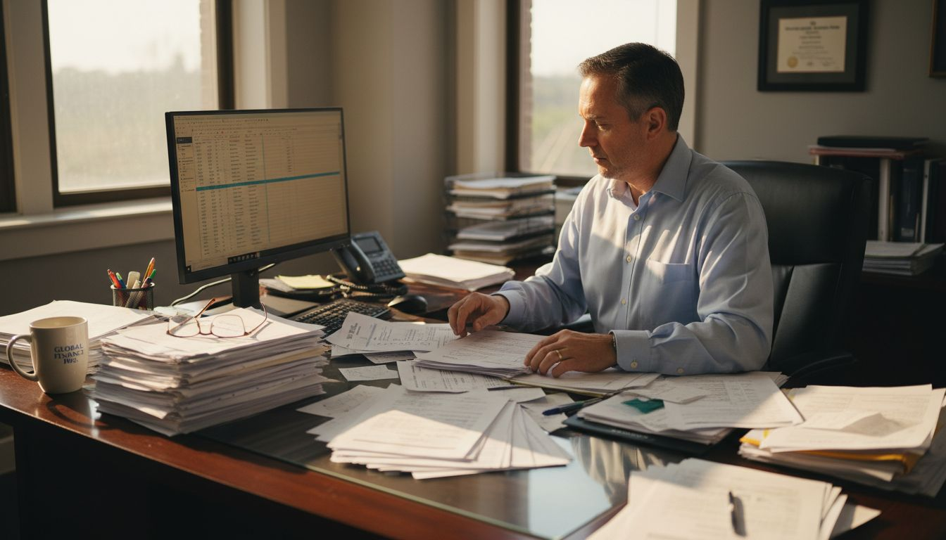 Finance manager sorting invoices at busy desk