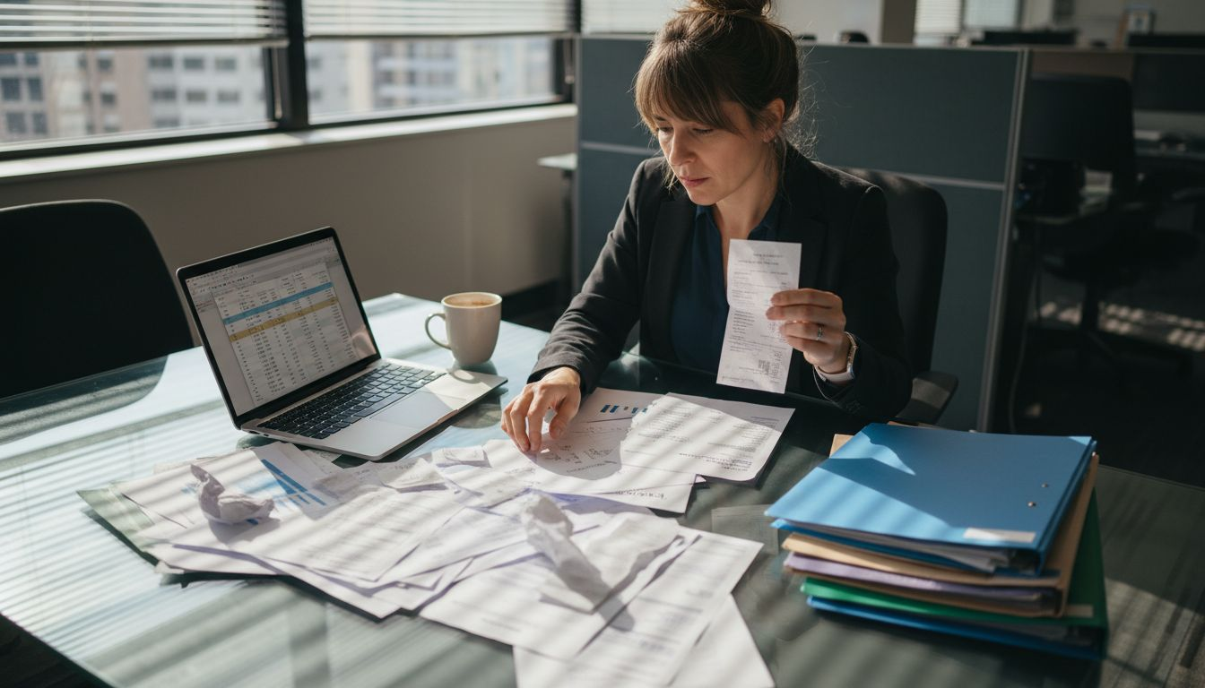 Woman sorting various financial documents at office table