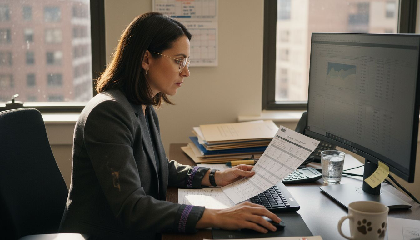 Banker reviewing digital and paper statements in office