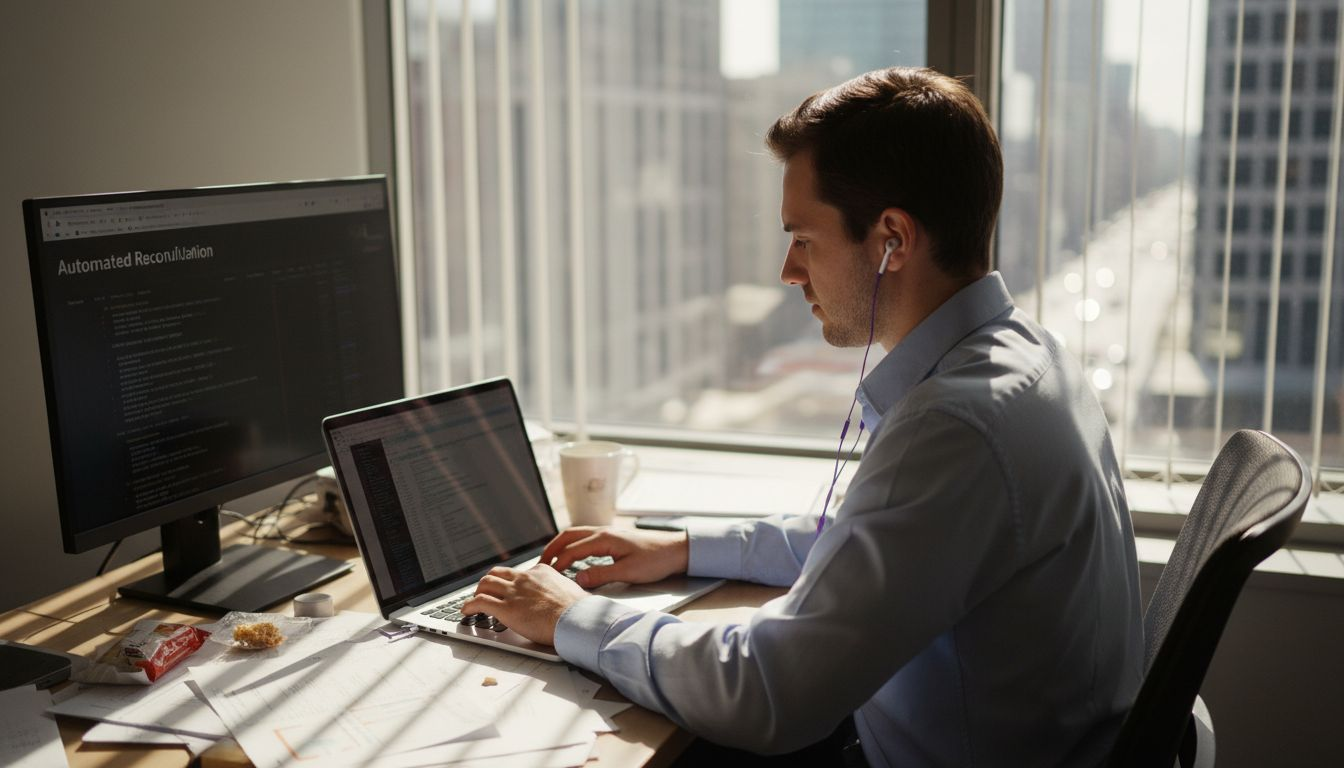 Fintech analyst enters data in busy office