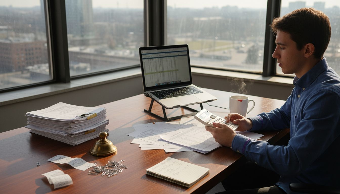 Financial analyst sorts bank statements in office