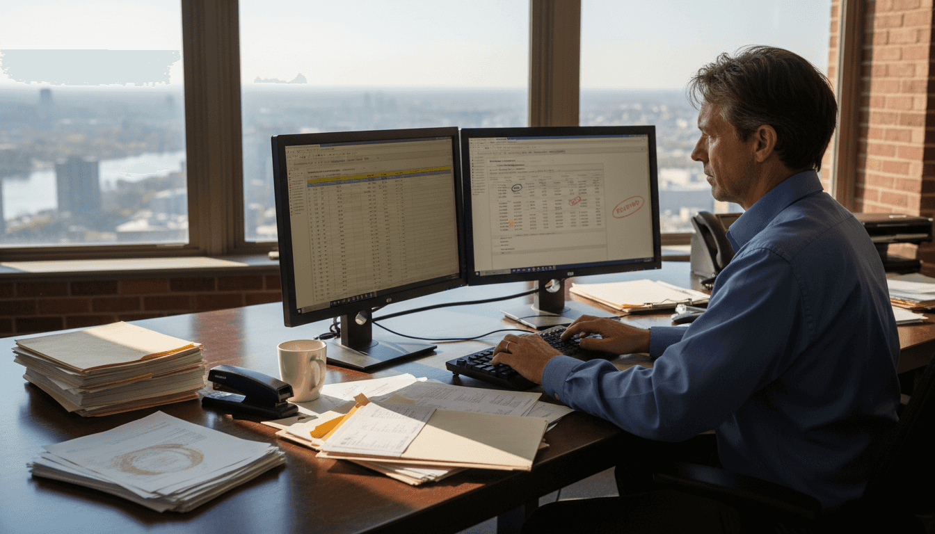 Financial analyst digitizing bank statements at desk