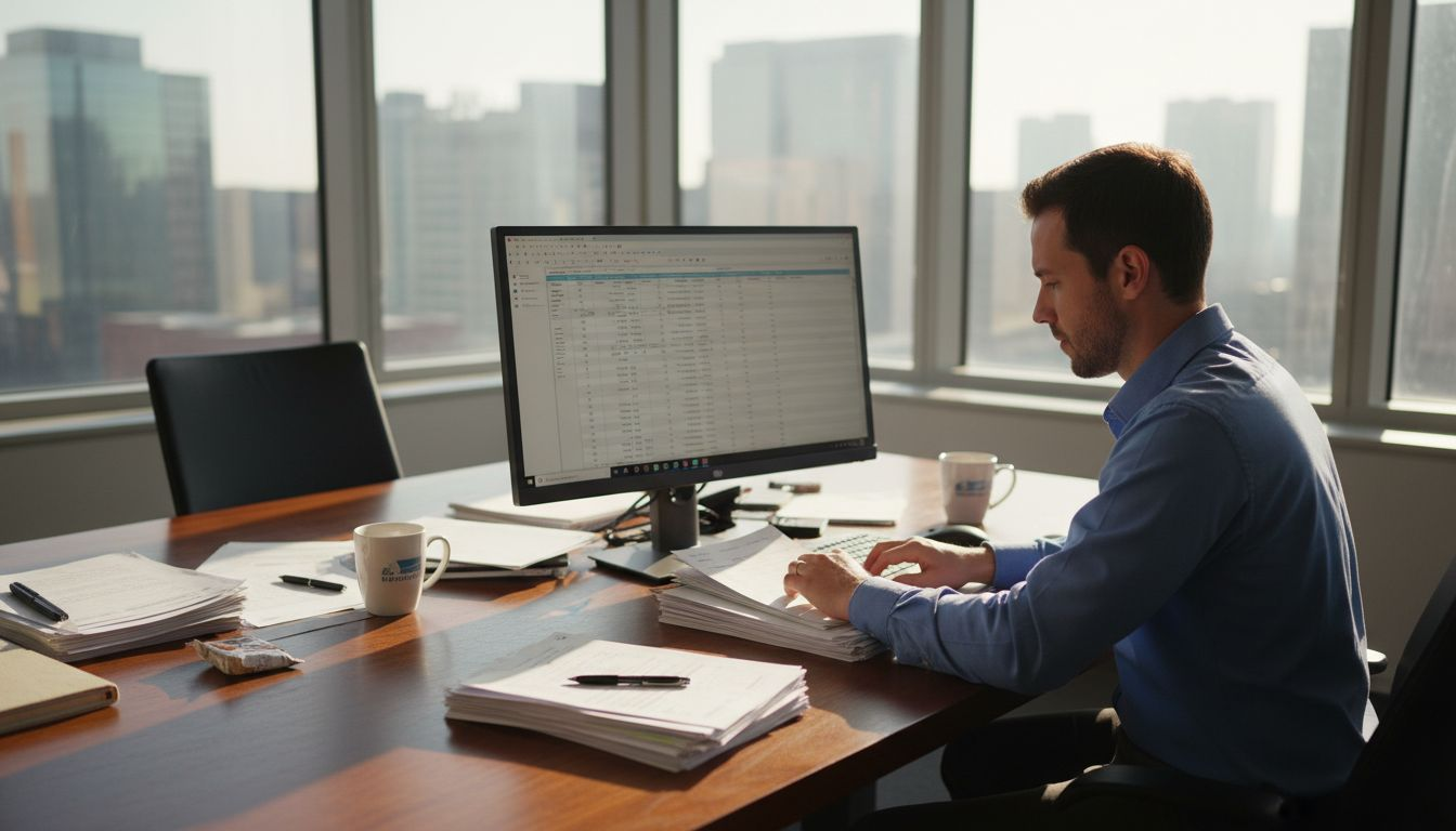 Analyst parsing bank statement at office desk