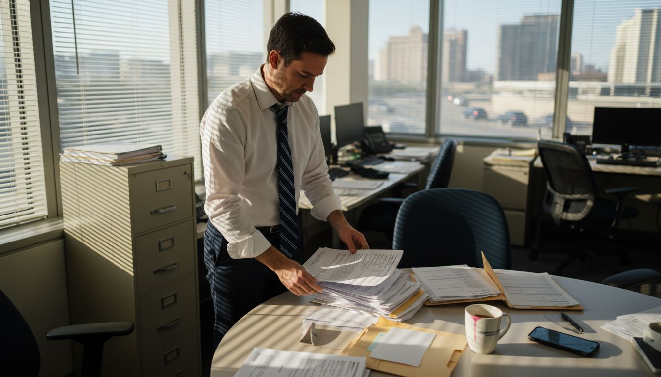 Analyst organizing paper bank statements in office