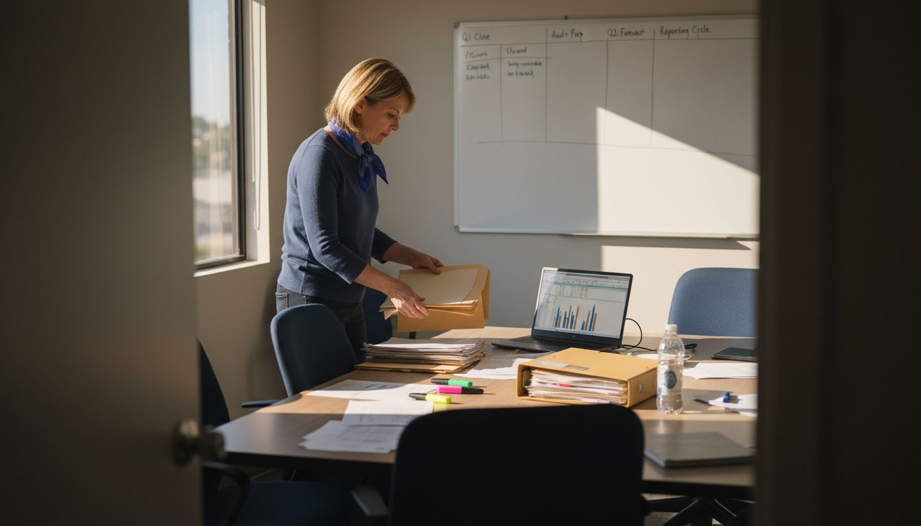 Manager organizing financial reports by laptop