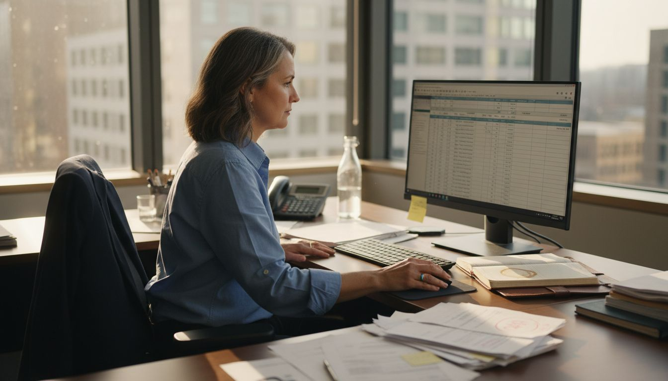 Financial analyst processing documents in office