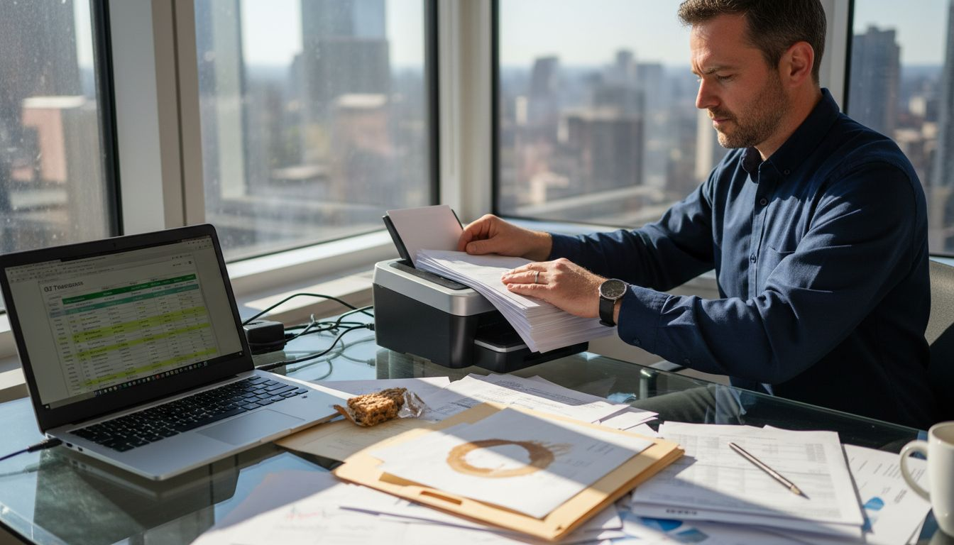 Financial analyst scanning invoices at office desk