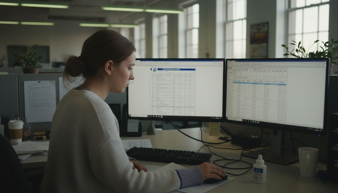 Woman checks scanned bank statements and data