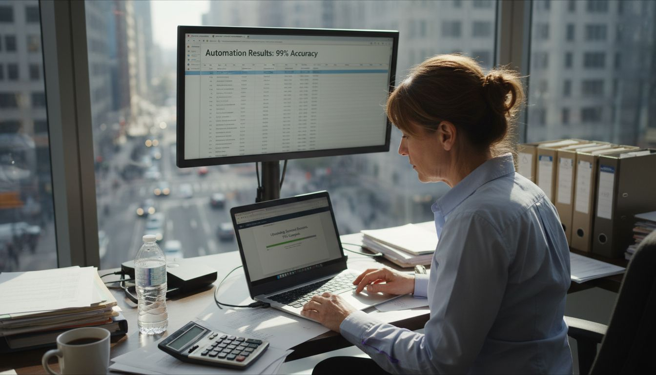 Accountant uploads documents in corner office