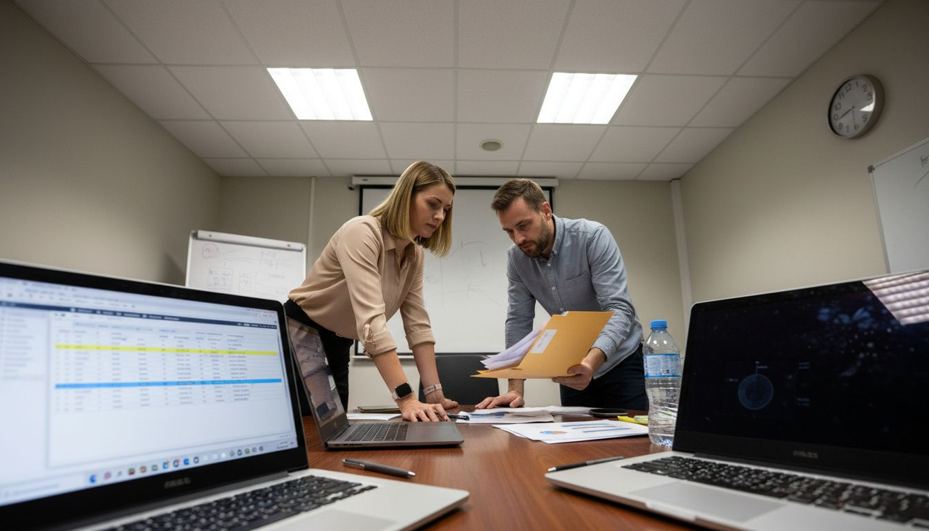 Team reviewing invoice files on laptops together