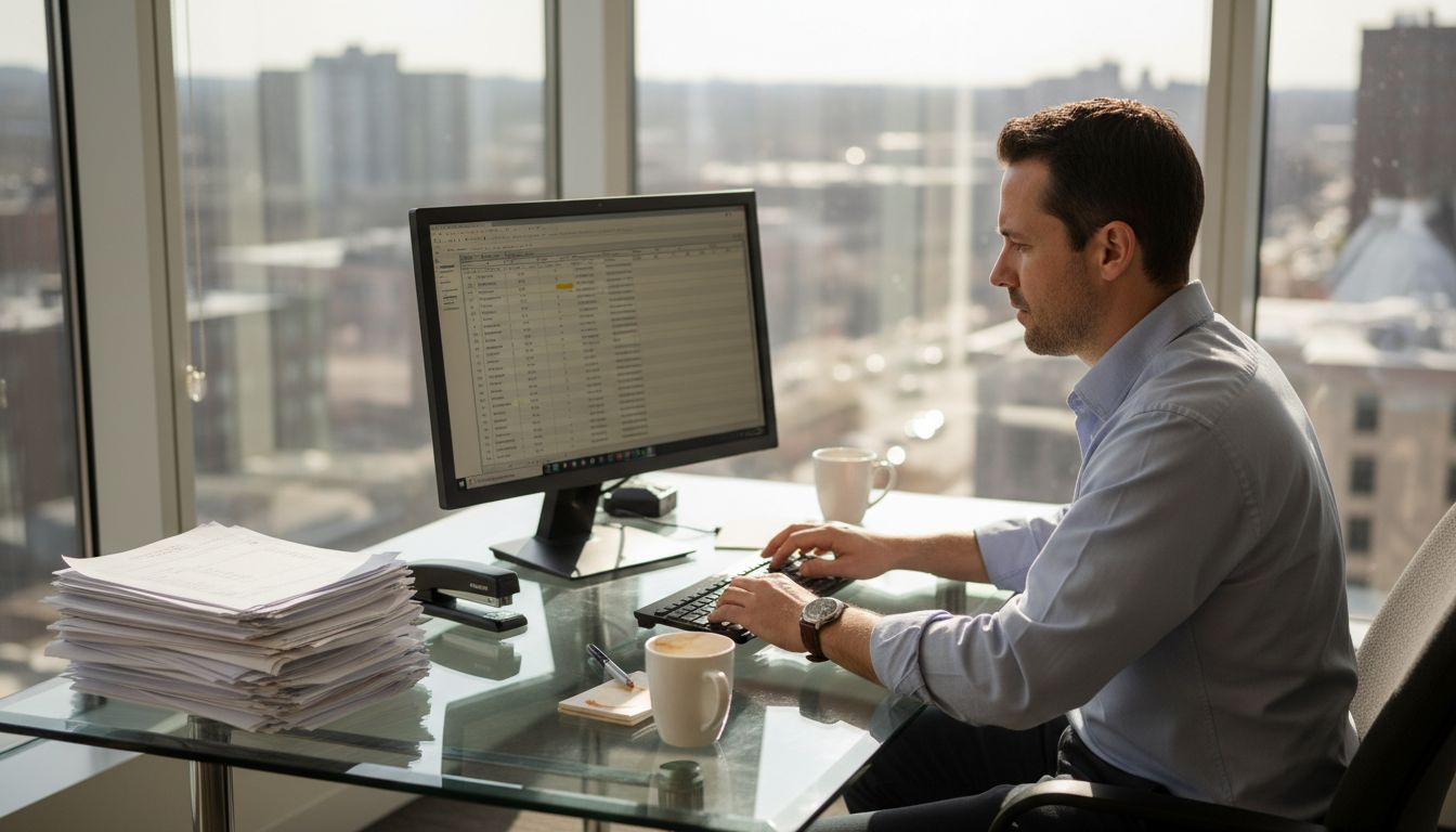 Man entering invoice data at glass office desk