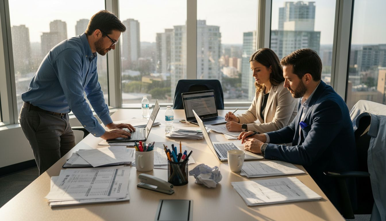 Financial analysts process bank statements in office