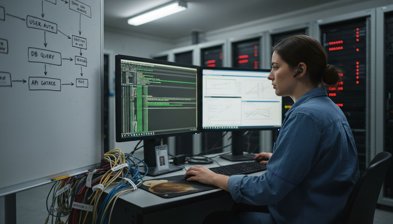 Specialist checking server logs for AI security threats