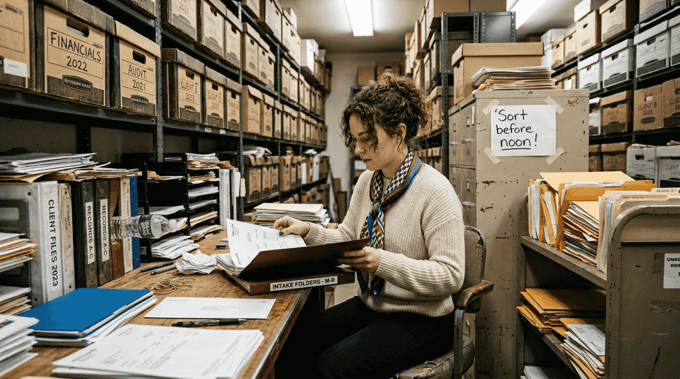 Administrator organizing intake for financial documents