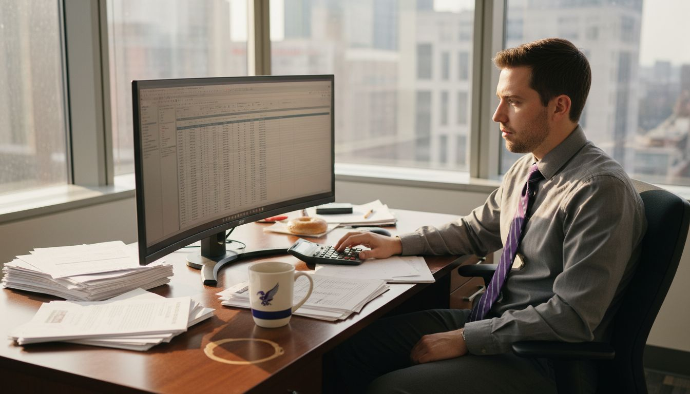 Financial analyst reviews automation checklist in office