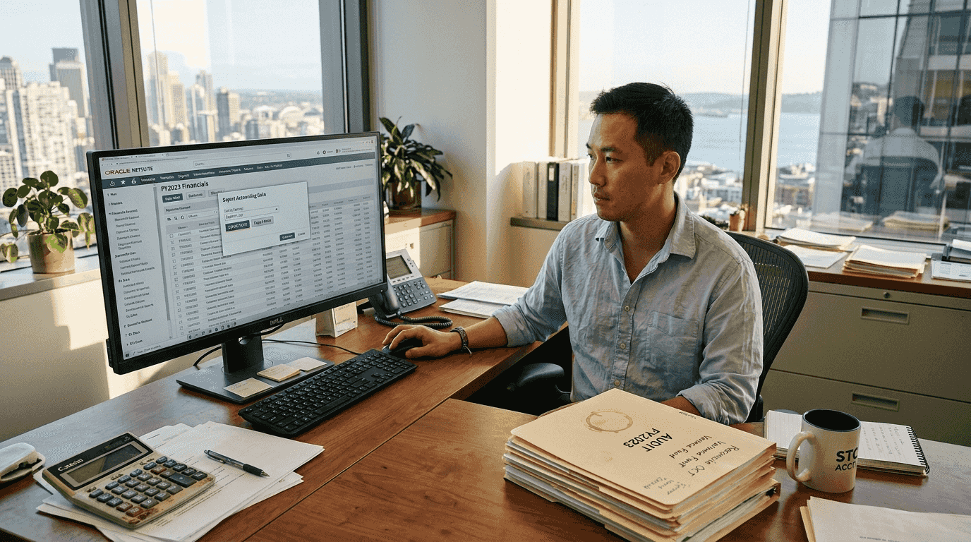 Accountant exporting CSV in corner office