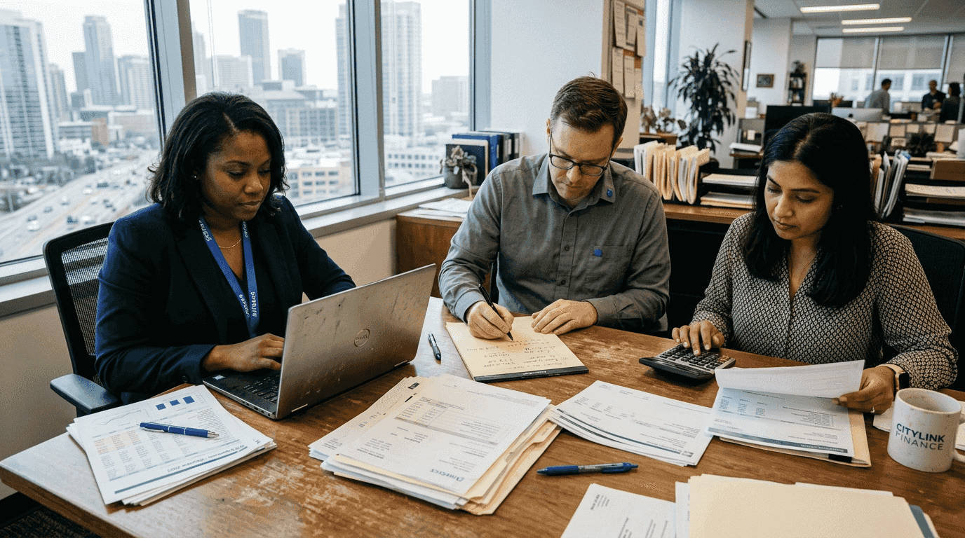 Finance team reviewing documents in bright office