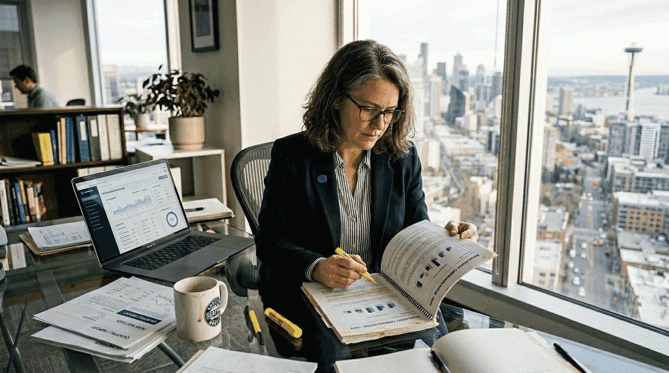 Compliance officer reviewing AI dashboard in office