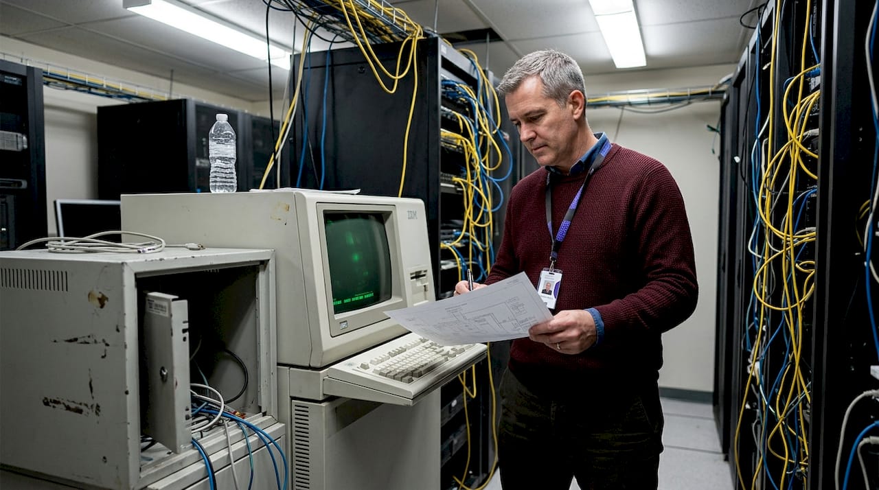 IT manager reviewing legacy system in server room