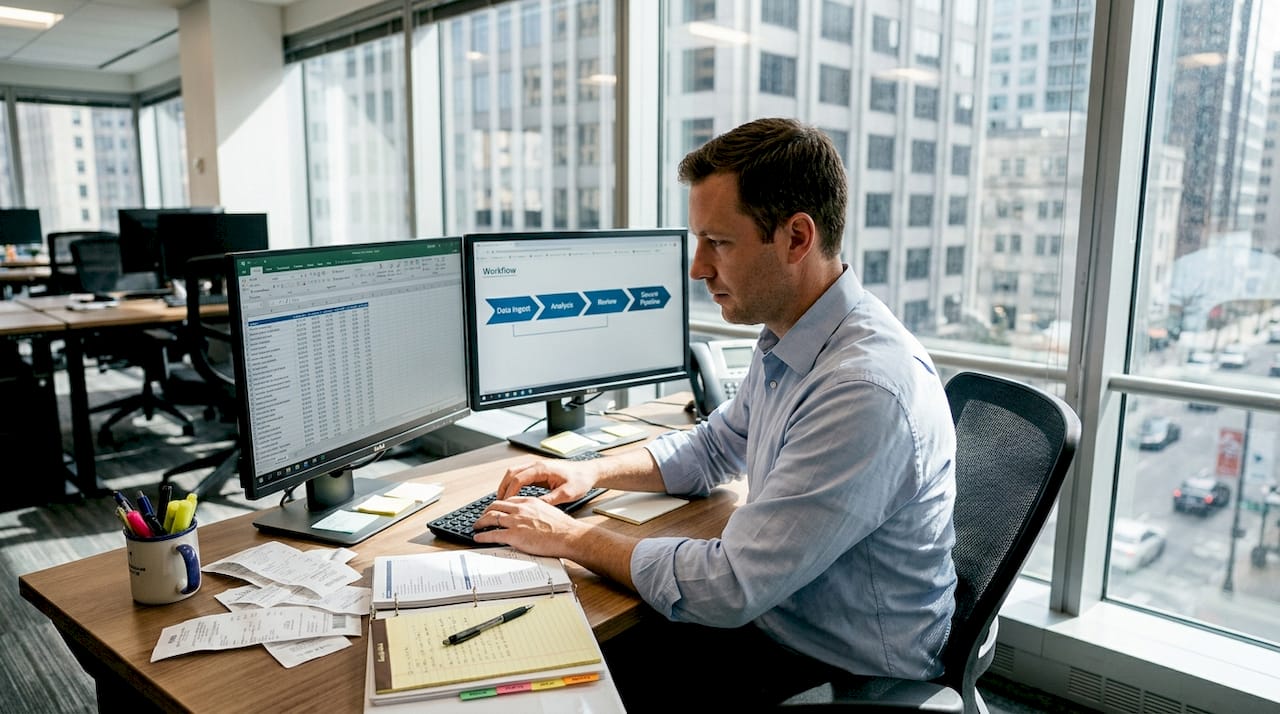 Financial analyst working on secure workflow