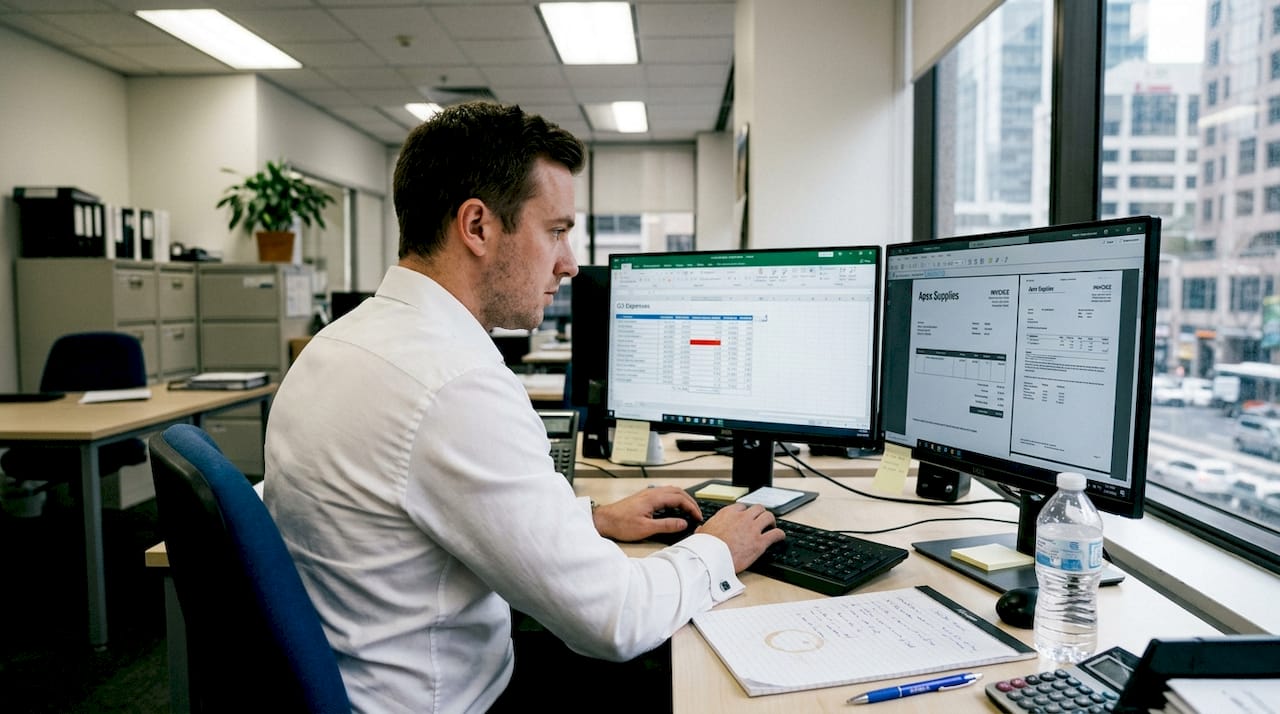 Accountant verifying financial data on dual monitors