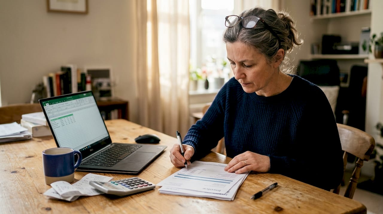 Woman organizing bank statements at home office