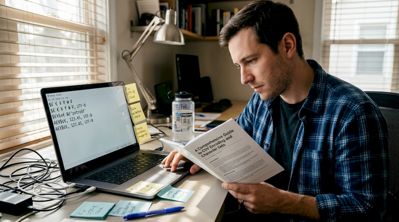 Accountant checking CSV encoding details