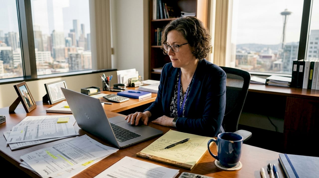 Accountant reviewing CSV data at office desk