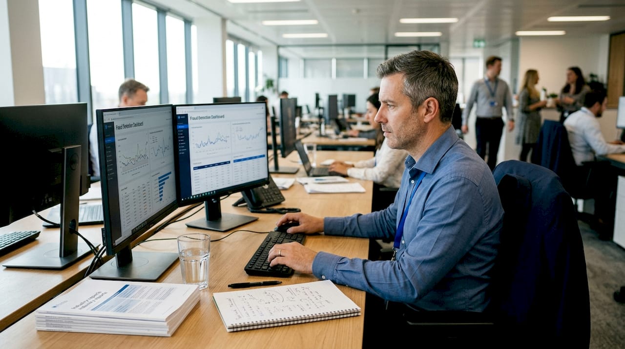 Finance analyst reviewing data on dual screens