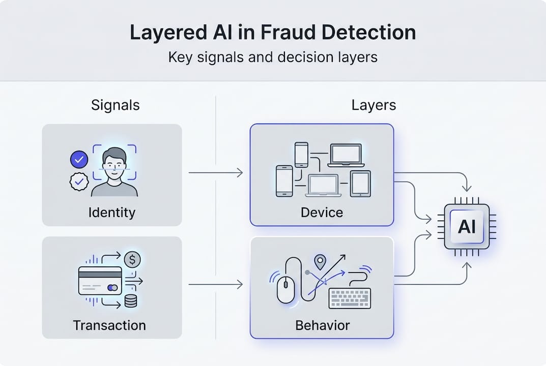 Infographic showing AI fraud detection layers and signals