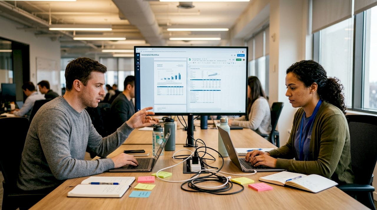Team reviewing automated finance workflow together