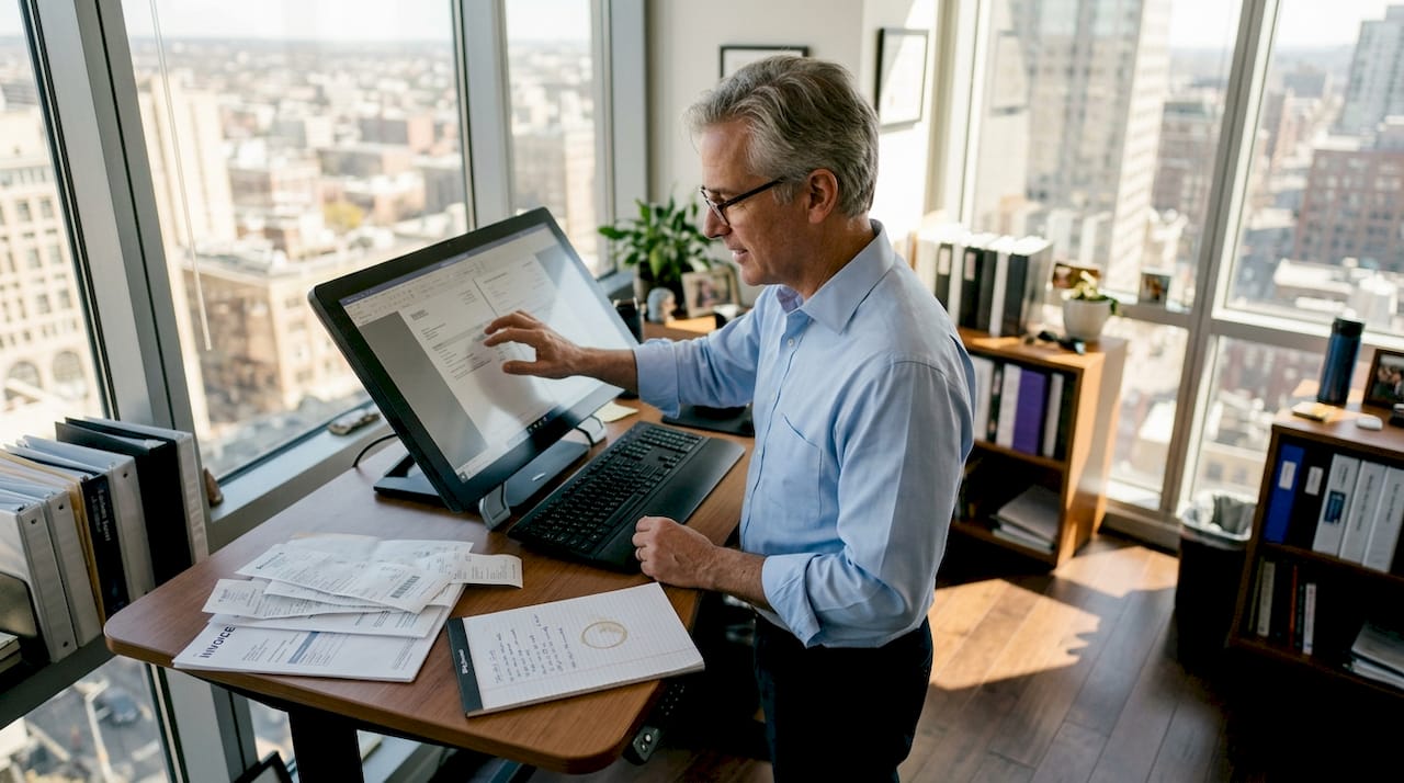 Finance professional digitizing paperwork in office