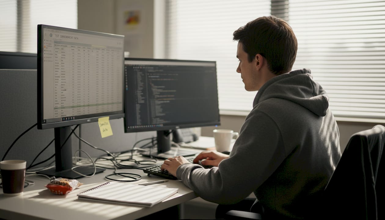 Developer reviewing anonymized financial test data