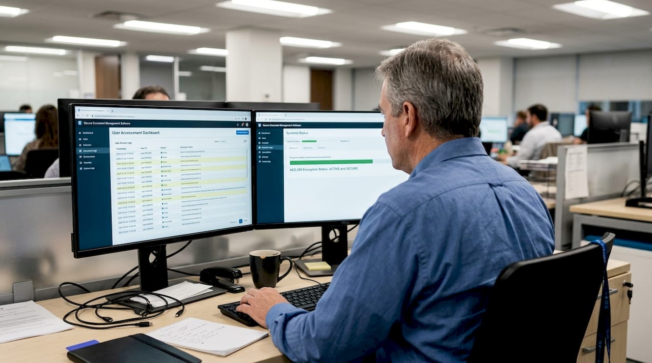 IT analyst reviews secure document system dashboard