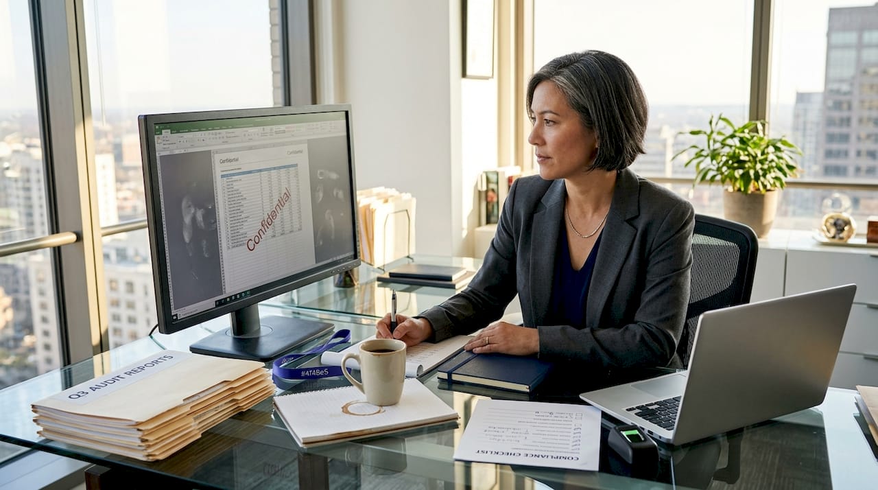 Finance executive reviewing secure documents at desk