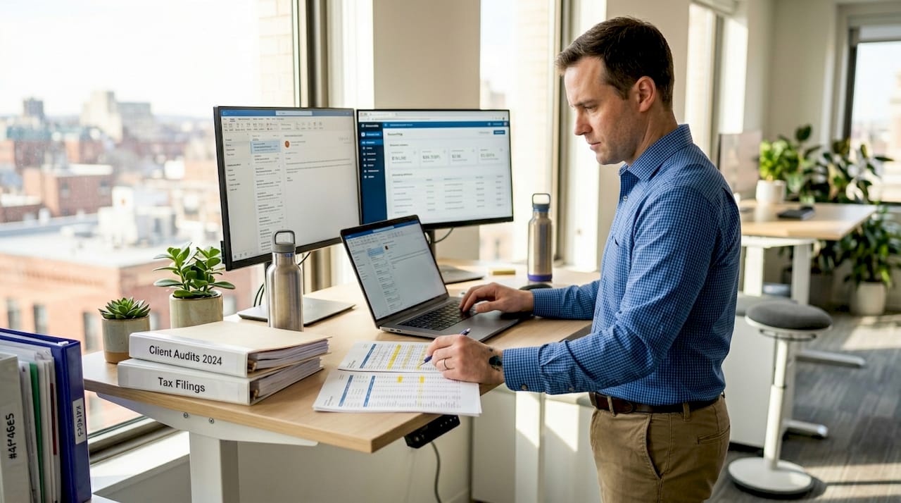 Accountant multitasking with technology at desk