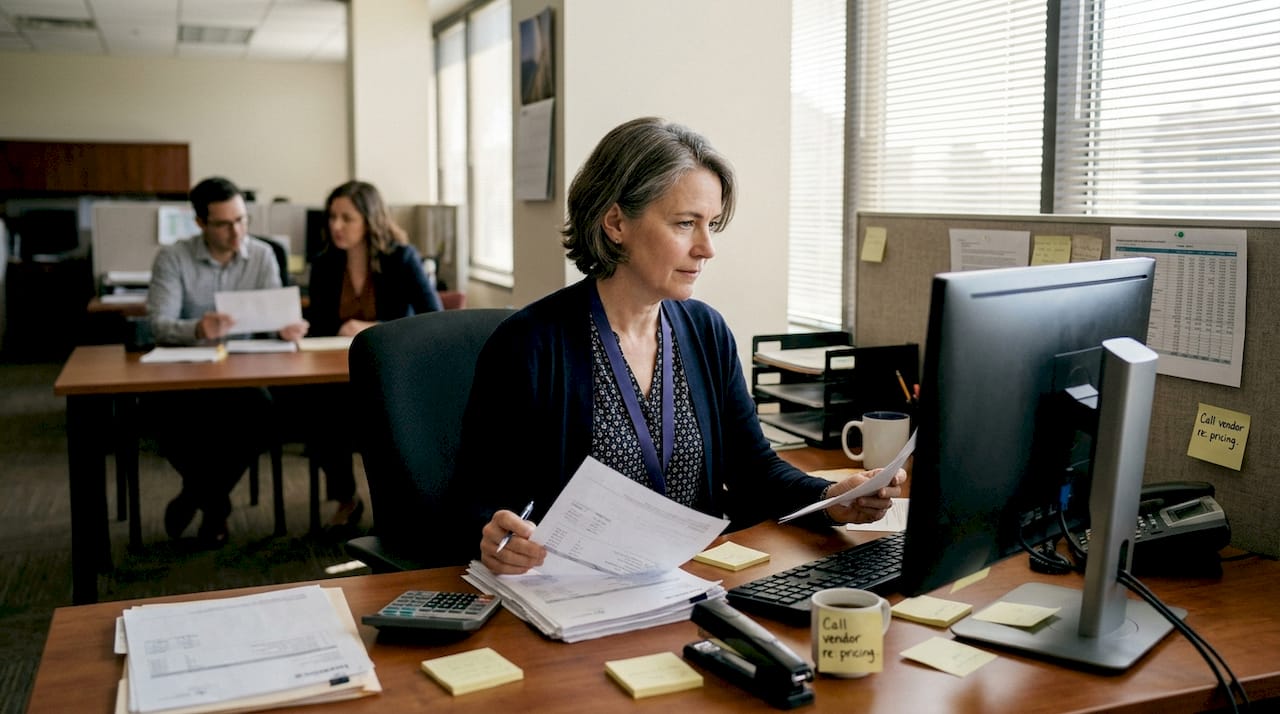 Finance manager reviewing invoices at office desk