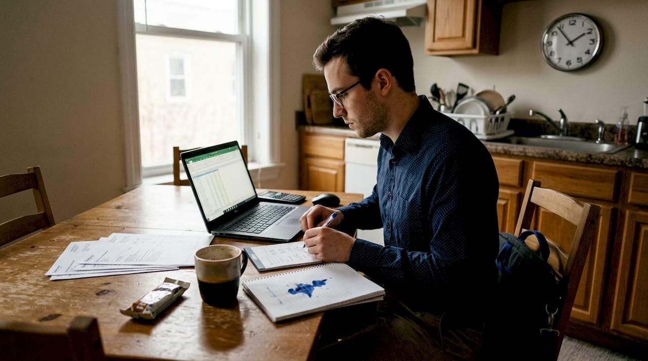 Accountant matching bank statements at kitchen table