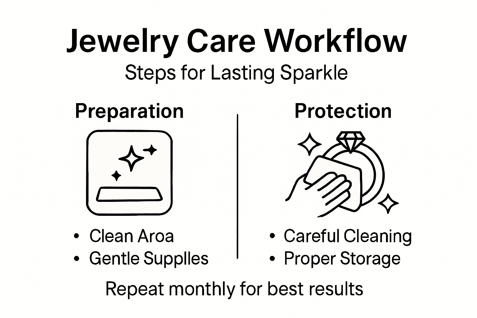 Jewelry care workflow infographic, steps and categories