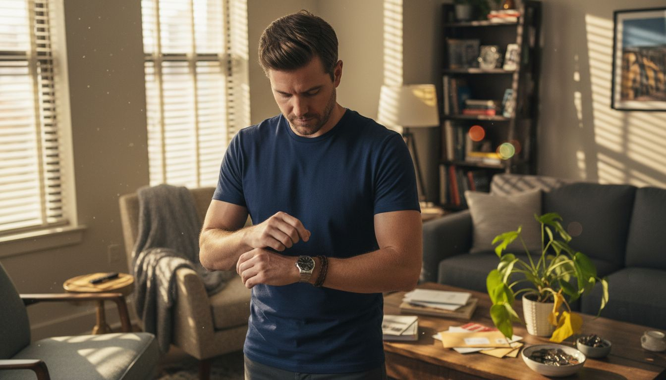 Man layering bracelet and watch in apartment