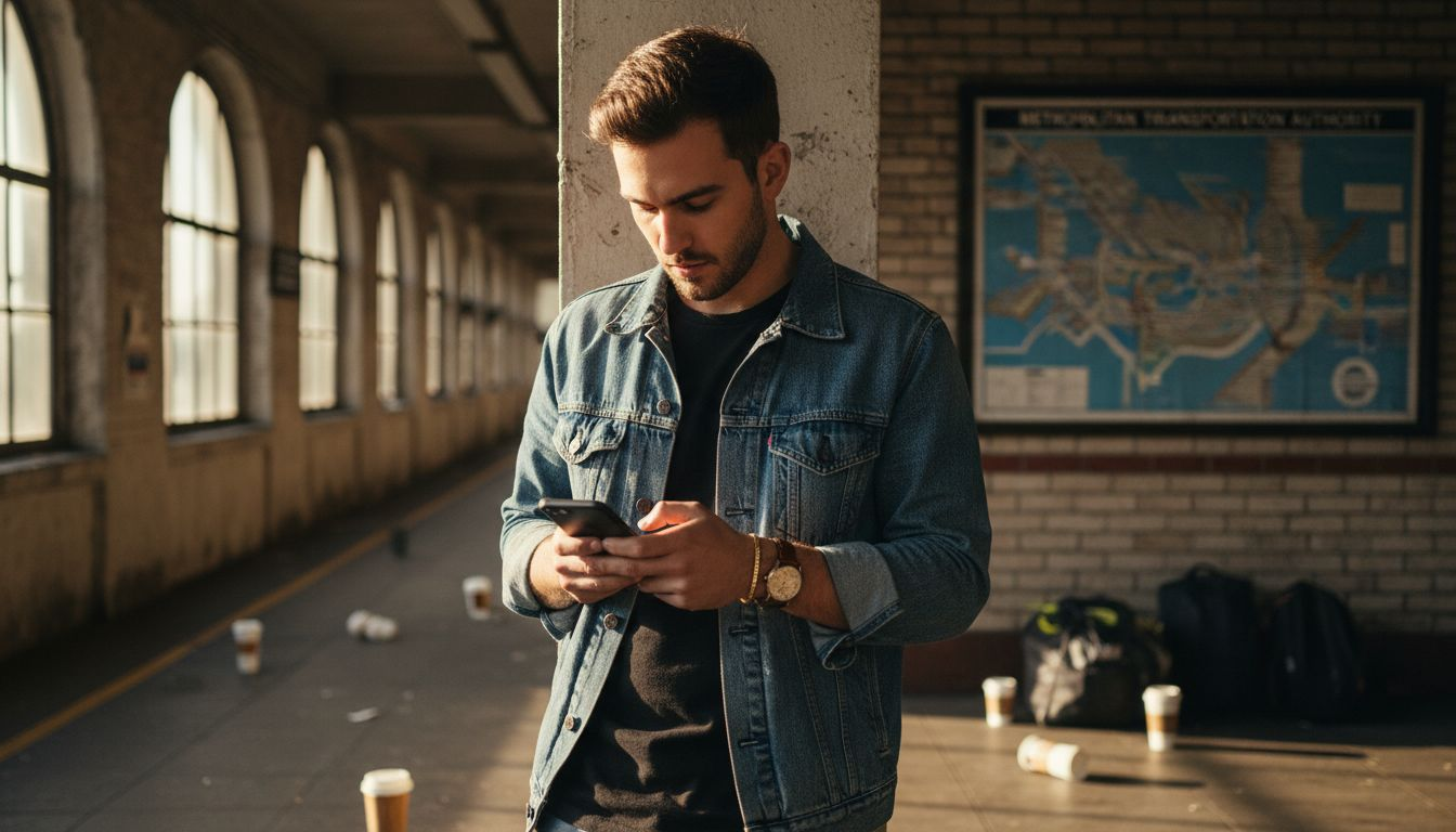 Man wearing tennis bracelet on subway platform