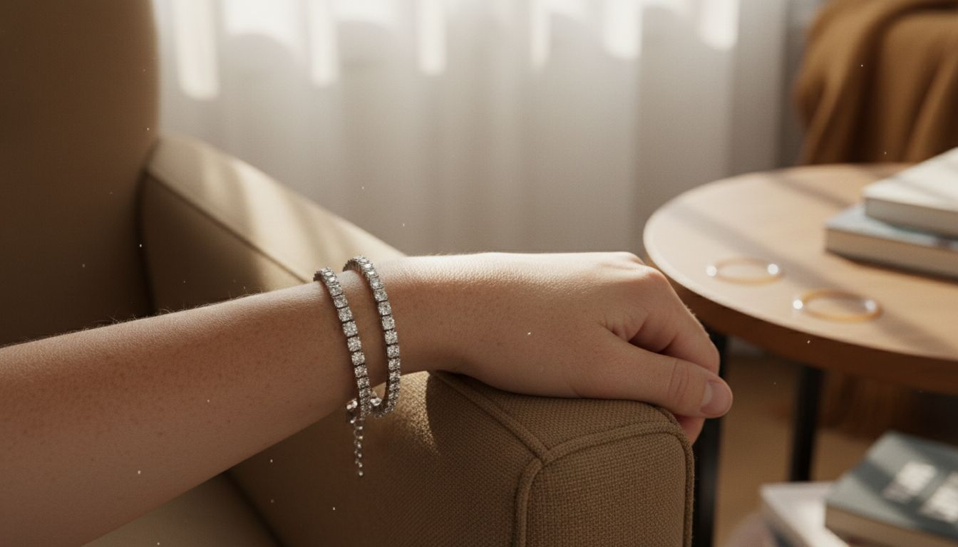 Close-up of cubic zirconia bracelets on wrist