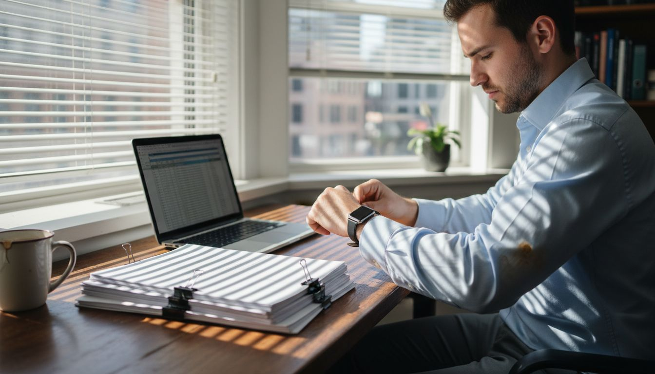Man adjusting wristwatch at office desk