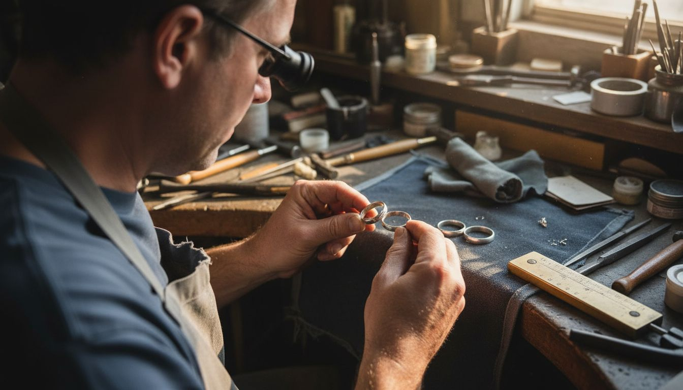 Jeweler comparing sterling silver rings on workbench